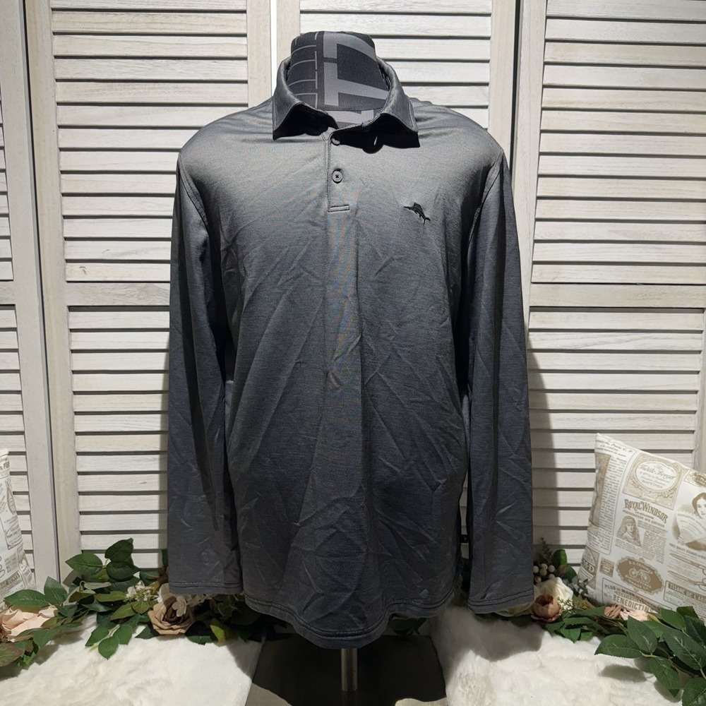 Tommy Bahama Men Large XL Pima Cotton Polo Shirt Silver Marlin Golf ‎ Metallic